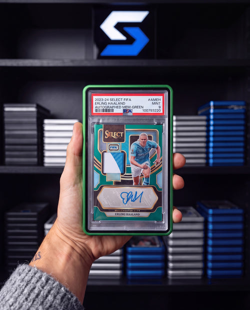 Autographed patch card in a PSA slab inside a green SlabSafe 130pt graded slab case