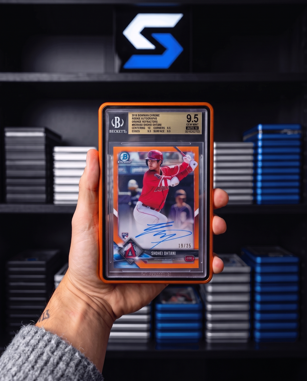 Beckett BGS 9.5 graded autograph card in an orange SlabSafe 35pt BGS slab case